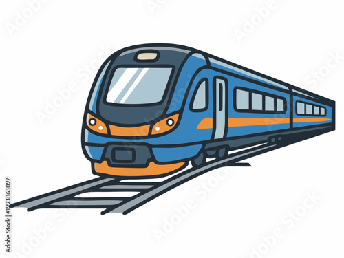 ​Modern blue passenger train on tracks illustration isolated on white background