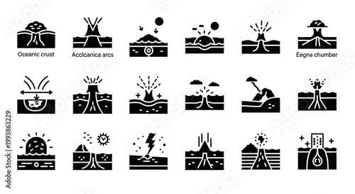 Volcano, geology icons, black and white, 20 symbols, vector graphics
