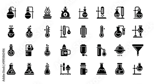 Laboratory icons, science symbols, 40 lab equipment illustrations, black and white vector graphics