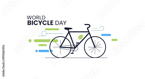 World Bicycle Day flat illustration with bike icon and ecological motion symbols.
