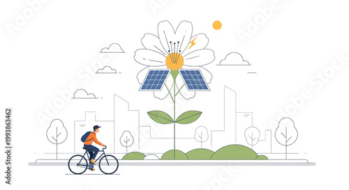 Solar energy flower in a sustainable city with a cyclist flat illustration