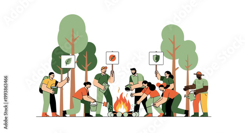 Group of volunteers putting out a campfire for forest fire prevention