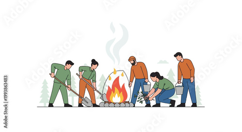 Group of people extinguishing a campfire in the forest vector illustration