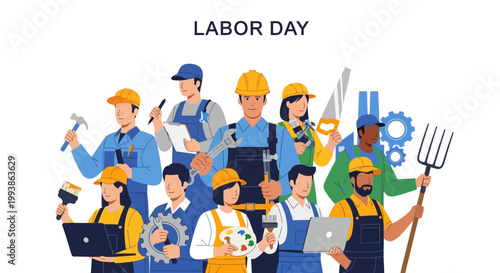 Diverse group of workers standing together in a vector illustration for International Workers’ Day, showcasing various professions against a clean white background with vibrant colors