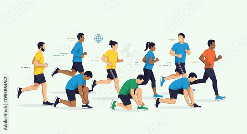 Diverse group of people running and preparing for a marathon flat vector illustration