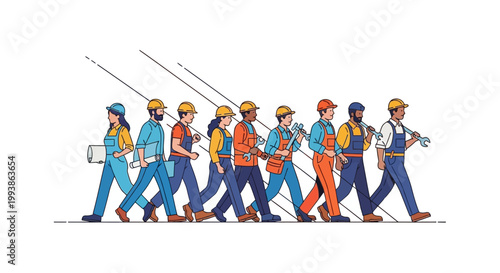 Celebrating International Workers’ Day, a diverse group of laborers, each with tools like wrenches and blueprints, marches together in a line on a white background in a line art style