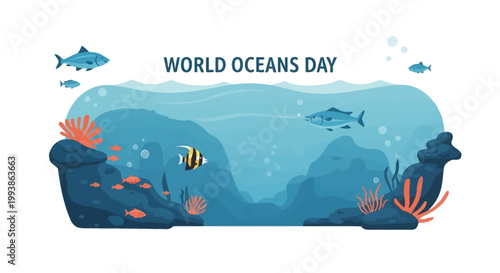 Vector illustration of underwater sea life for World Oceans Day