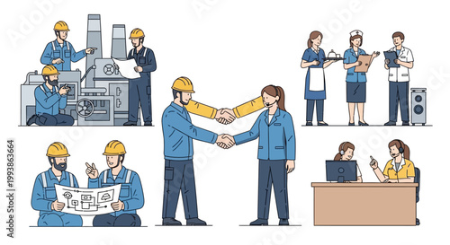 Celebrating International Workers’ Day, a diverse group of professionals, including factory workers, medical staff, and office employees, are represented in a flat illustration