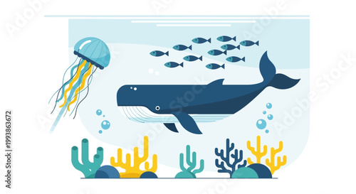 Whale, jellyfish, and fish swim together in a colorful underwater world.