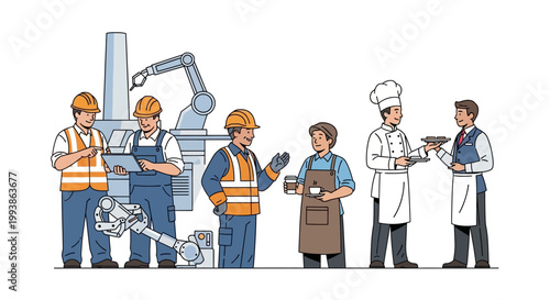 Illustration of diverse workers representing different professions, standing together against a white background as a celebration of International Workers' Day, with industrial machinery