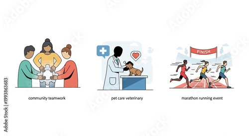 Illustration of community teamwork, pet care, and a marathon running event.