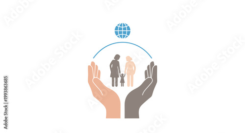 Conceptual Illustration of Hands Protecting a Diverse Family Under a Globe Icon