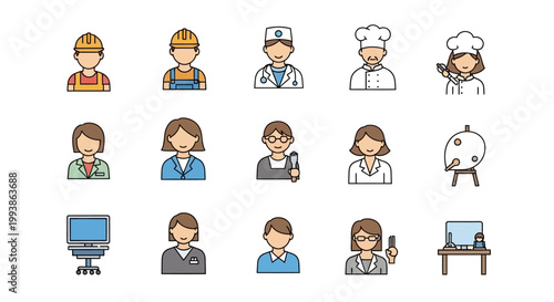 For International Workers’ Day, a diverse group of vector avatars in various professions are displayed in a neat grid against a clean white background, showcasing a flat design with vibrant