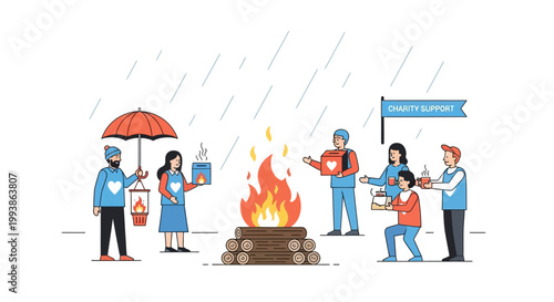 People gather for warmth and community support during a rain shower.