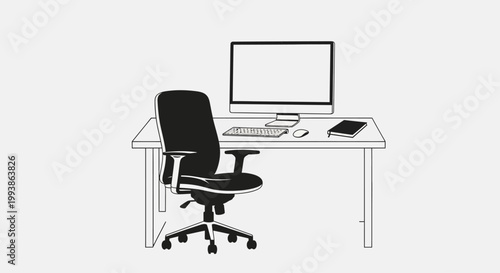 Minimalist Home Office Setup with Ergonomic Chair and Computer.