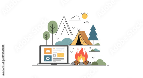 Digital nomad working outdoors with laptop, tent and campfire.