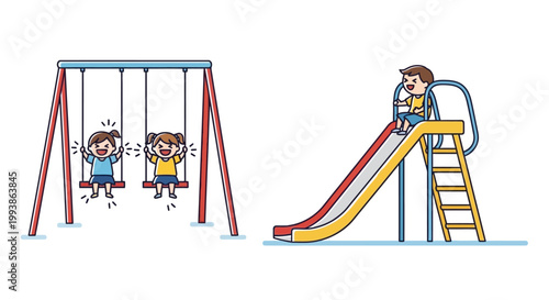 Children happily playing on swings and a slide in a playground.