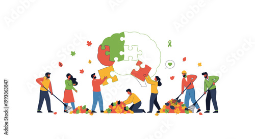 People assembling a brain puzzle and raking leaves, symbolizing mental health awareness.