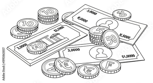 Hand drawn sketch of various currency notes and coins in a pile.