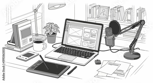 Creative workspace with laptop graphic tablet and microphone for digital content creation.