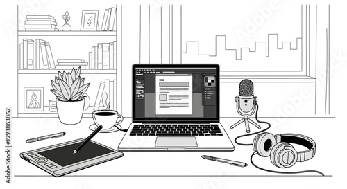 Creative workspace with laptop graphic tablet microphone and headphones.