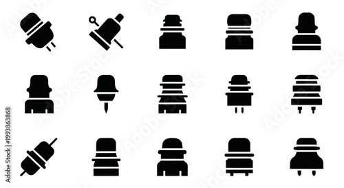 Electric plug icons, power outlet symbols, black silhouette set, 16 electrical connectors