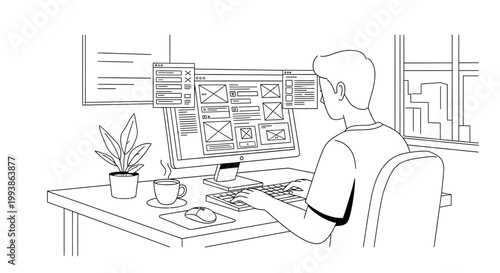 Man working on computer with multiple screens displaying web design layouts.