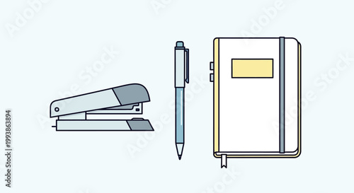 Essential office supplies including a stapler pen and notebook for daily tasks.