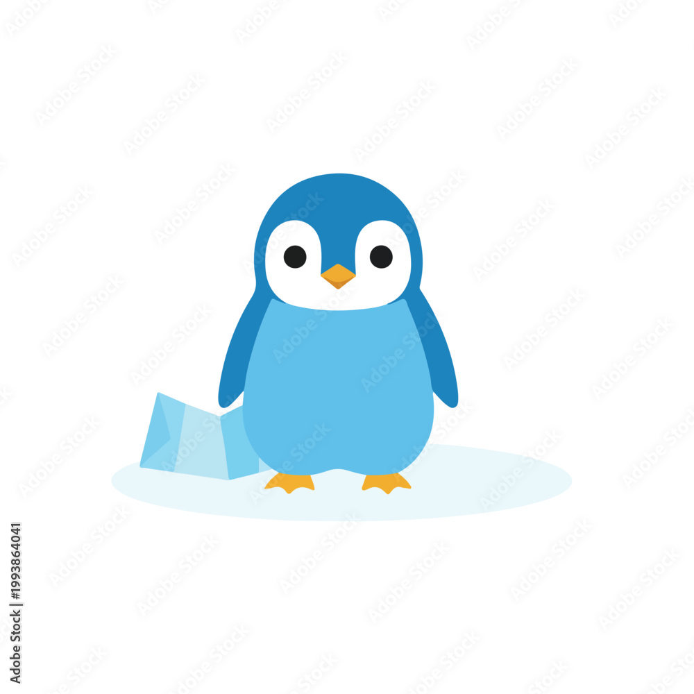 Fototapeta premium A cute blue cartoon penguin stands on a small white ice floe against a plain white background, featuring a simple and minimalist art style.
