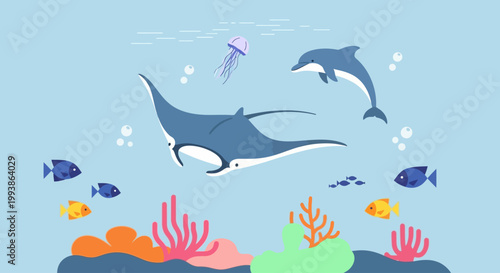 Flat illustration of marine life with a manta ray and dolphin in a coral reef.