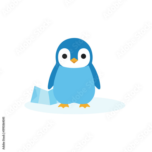 A cute blue cartoon penguin stands on a small white ice floe against a plain white background, featuring a simple and minimalist art style.