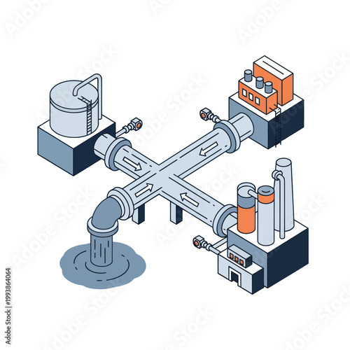 Isometric Illustration of Industrial Water Treatment and Purification Process.
