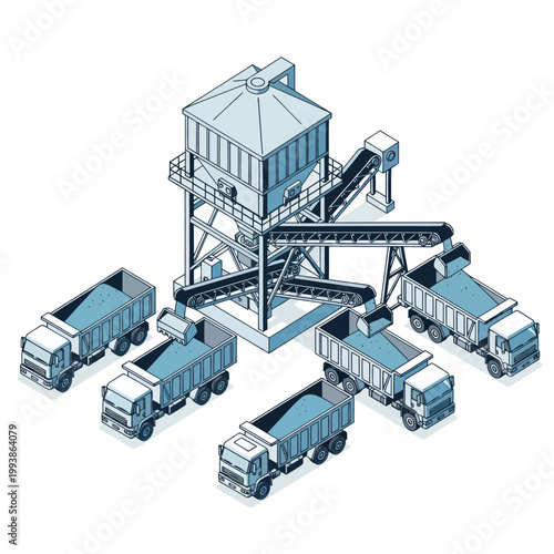 Isometric View of a Concrete Batching Plant with Trucks.