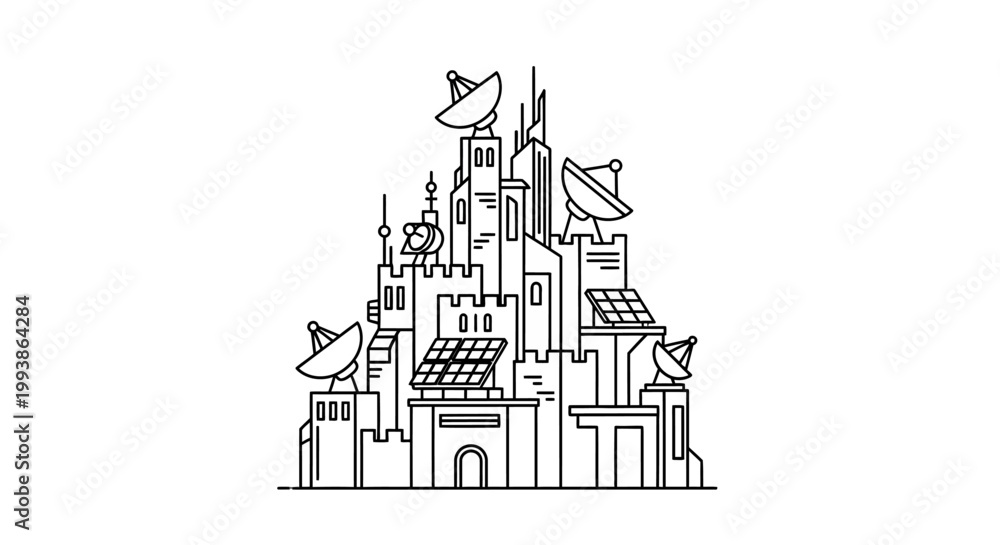 Obraz premium Digital Fortress: Futuristic Castle with Satellite Dishes, Solar Panels, and Antennas. Modern Communication Hub Line Art Illustration.