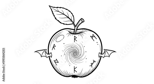 Mystical Apple Illustration with Bat Wings, Ancient Runes, and Swirling Vortex. Fantasy Line Art Drawing.