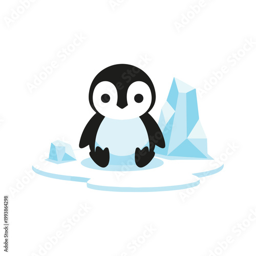 An adorable baby penguin sits calmly on a flat ice floe with light blue icebergs behind it, isolated against a white background.
