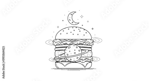 Detailed Celestial Hamburger Line Art Illustration with Planet, Moon, and Stars. Whimsical Space Food Doodle Vector.