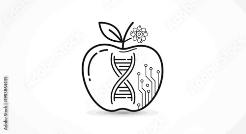 Genetically modified food and biotechnology concept. Science of healthy organic produce with DNA helix and tech inside apple.