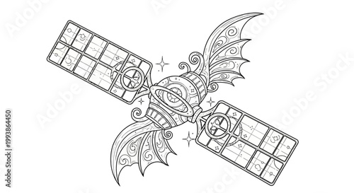 Steampunk-style satellite illustration with intricate details and bat wings, fantasy sci-fi line art for coloring book.