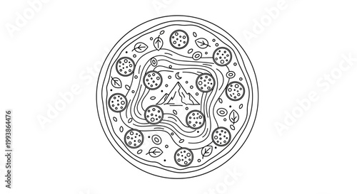 Outline drawing of a delicious pepperoni pizza with pasta noodles and herbs. Stylized black and white vector illustration of Italian food.
