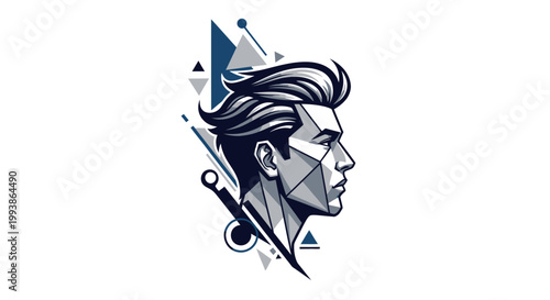 Stylized geometric profile of a man's head with modern hair and abstract shapes in shades of blue and grey.