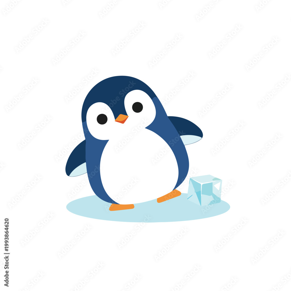 Obraz premium A cute, blue and white cartoon penguin stands on a thin ice floe next to a single transparent ice cube, looking forward with big eyes.