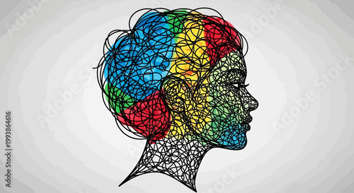 A vibrant, abstract line art illustration of a woman's head profile, with sections filled in red, blue, green, and yellow, representing complex thoughts or creativity.