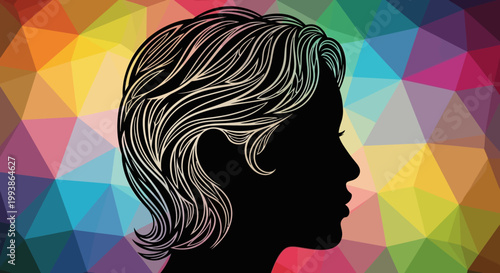 Profile silhouette of a person's head with stylized wavy hair against a vibrant, colorful geometric background of faceted rainbow patterns.