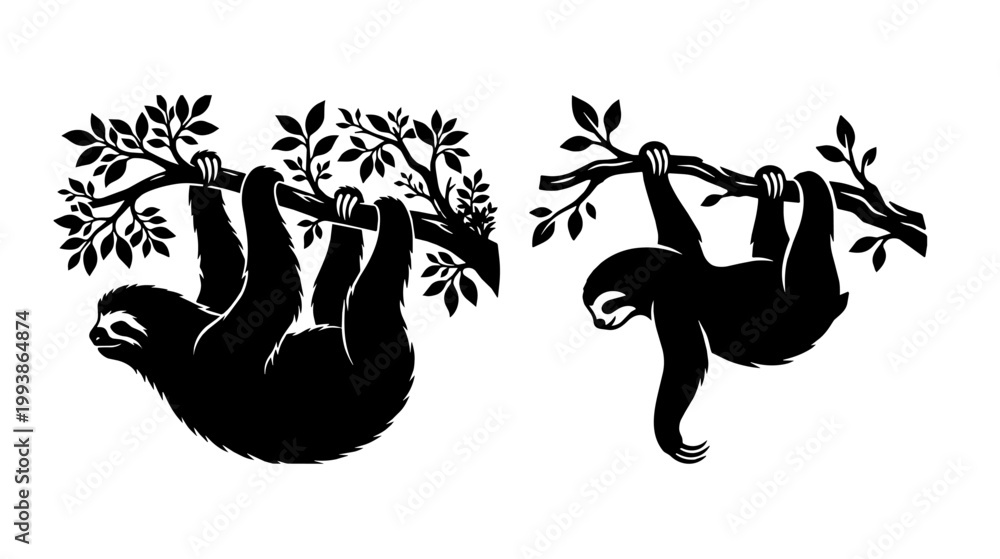 Fototapeta premium Sloths hang from leafy branches against a white studio background. High contrast silhouettes create a bold graphic mood.