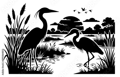 herons wade in a marsh at sunset. They are silhouetted against the sun and framed by reeds and flying birds at twilight.