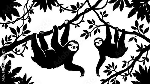 sloths hang from tree branches in a forest canopy. Bold black silhouettes on a white background convey a playful calm mood.