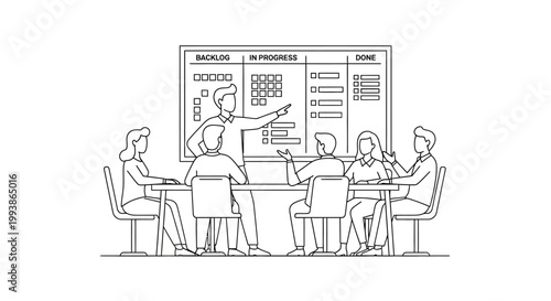 Team collaboration in a business meeting with Kanban board.