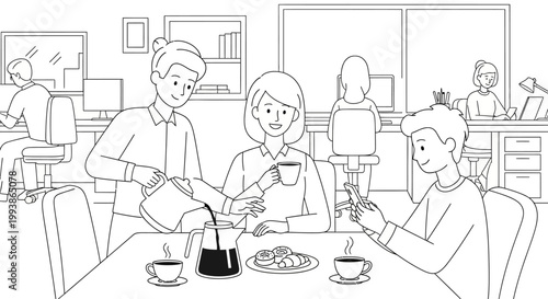 Three colleagues enjoying a coffee break with pastries at a table in an office setting.