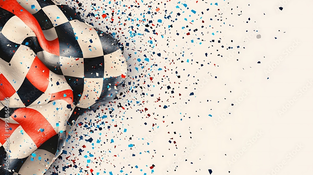 Fototapeta premium Checker Flag's Triumph: The checkered flag, a symbol of victory, whips in the wind, with colorful confetti in the background.